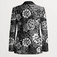 Black Aloha Hawaiian Blazer Monstera Hibiscus Tropical Pattern