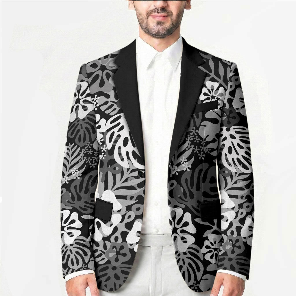 Black Aloha Hawaiian Blazer Monstera Hibiscus Tropical Pattern