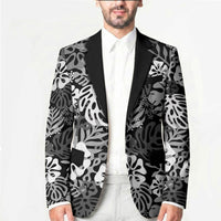 Black Aloha Hawaiian Blazer Monstera Hibiscus Tropical Pattern