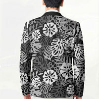 Black Aloha Hawaiian Blazer Monstera Hibiscus Tropical Pattern