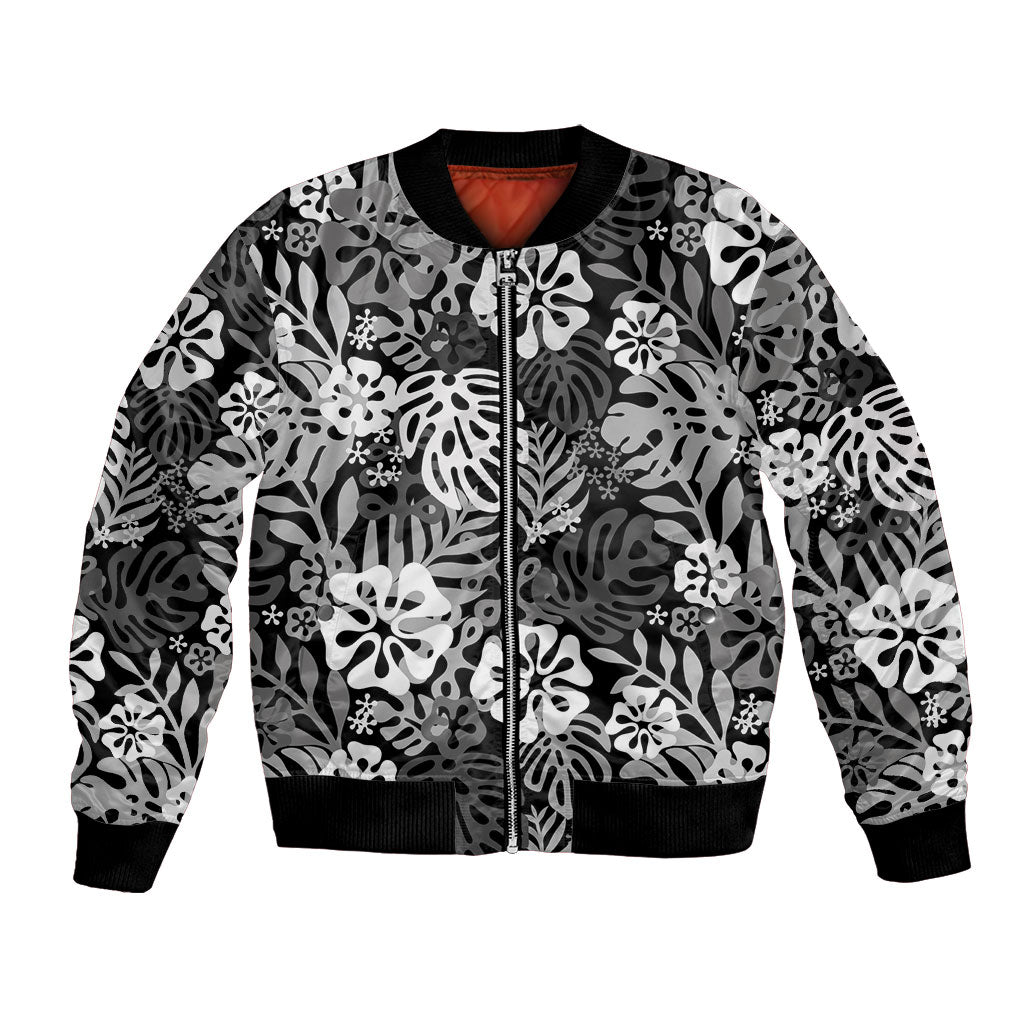 Black Aloha Hawaiian Bomber Jacket Monstera Hibiscus Tropical Pattern