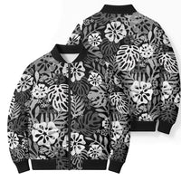 Black Aloha Hawaiian Bomber Puffer Jacket Monstera Hibiscus Tropical Pattern