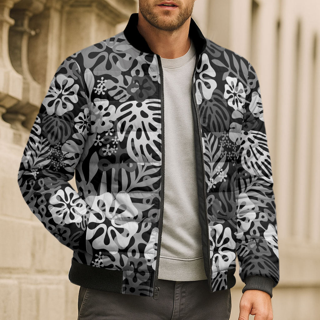 Black Aloha Hawaiian Bomber Puffer Jacket Monstera Hibiscus Tropical Pattern