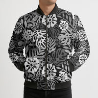 Black Aloha Hawaiian Bomber Puffer Jacket Monstera Hibiscus Tropical Pattern