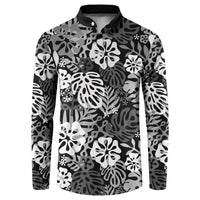 Black Aloha Hawaiian Button Sweatshirt Monstera Hibiscus Tropical Pattern