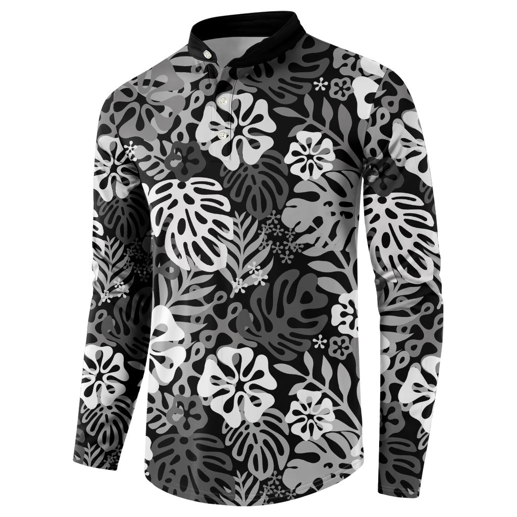 Black Aloha Hawaiian Button Sweatshirt Monstera Hibiscus Tropical Pattern