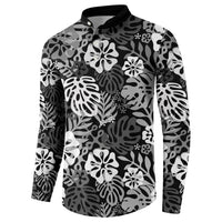 Black Aloha Hawaiian Button Sweatshirt Monstera Hibiscus Tropical Pattern