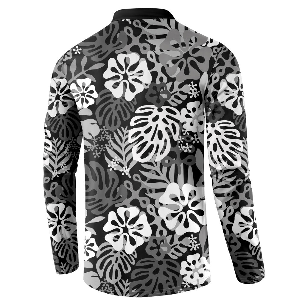 Black Aloha Hawaiian Button Sweatshirt Monstera Hibiscus Tropical Pattern