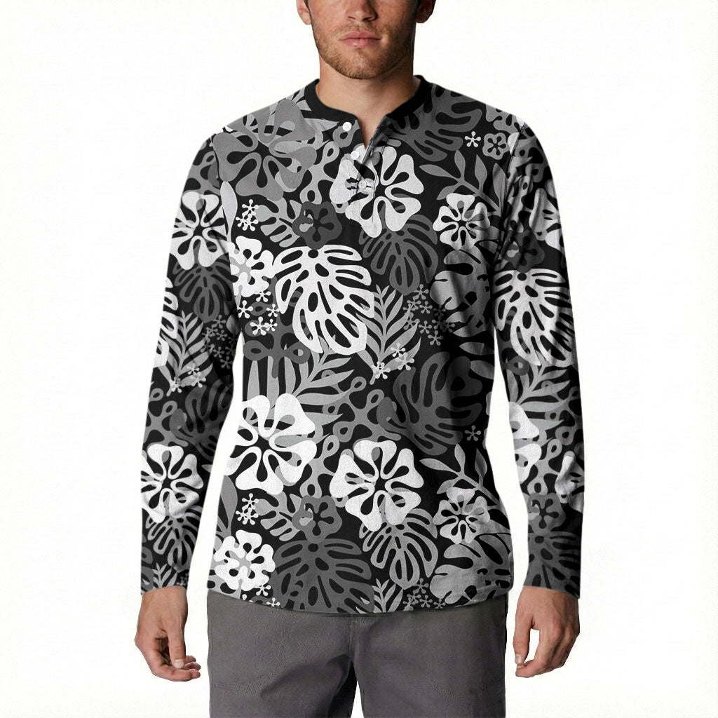 Black Aloha Hawaiian Button Sweatshirt Monstera Hibiscus Tropical Pattern