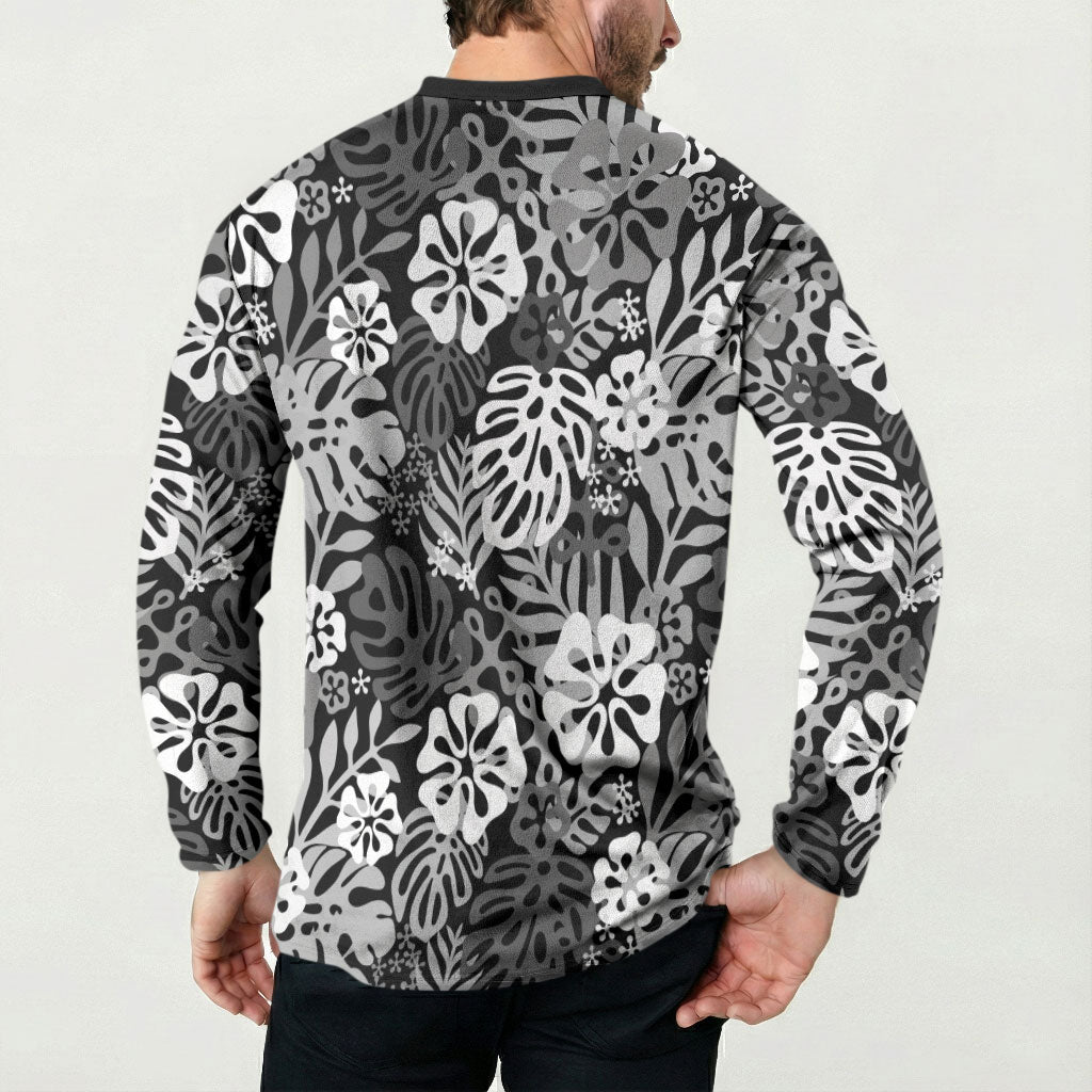 Black Aloha Hawaiian Button Sweatshirt Monstera Hibiscus Tropical Pattern