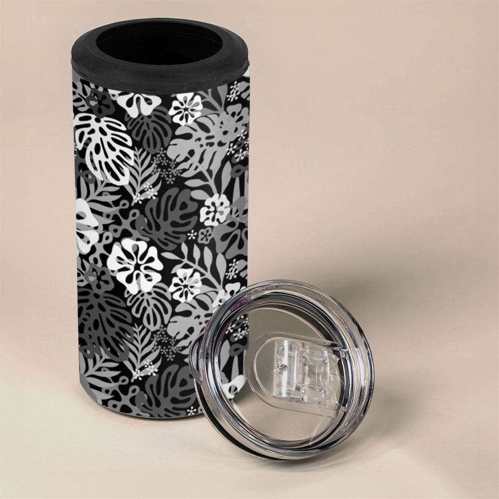 Black Aloha Hawaiian 4 in 1 Can Cooler Tumbler Monstera Hibiscus Tropical Pattern
