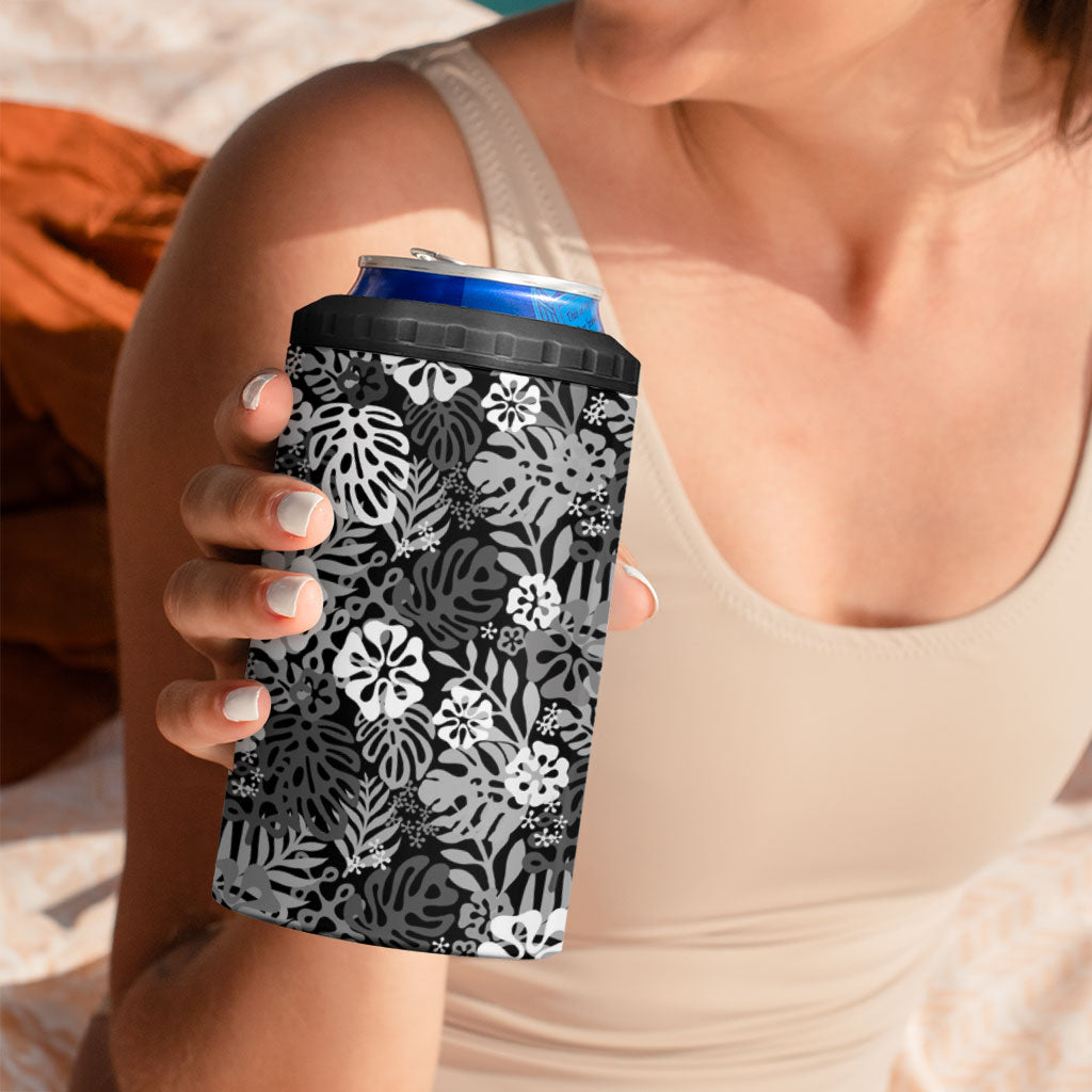 Black Aloha Hawaiian 4 in 1 Can Cooler Tumbler Monstera Hibiscus Tropical Pattern
