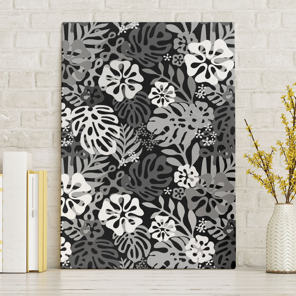 Black Aloha Hawaiian Canvas Wall Art Monstera Hibiscus Tropical Pattern