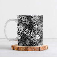 Black Aloha Hawaiian Ceramic Mug Monstera Hibiscus Tropical Pattern