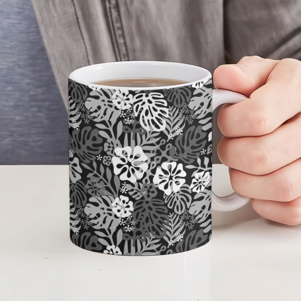 Black Aloha Hawaiian Ceramic Mug Monstera Hibiscus Tropical Pattern