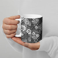 Black Aloha Hawaiian Ceramic Mug Monstera Hibiscus Tropical Pattern