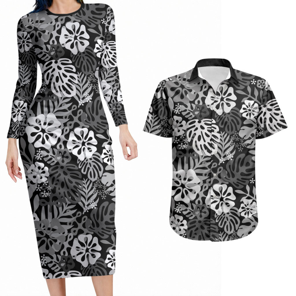 Black Aloha Hawaiian Couples Matching Long Sleeve Bodycon Dress and Hawaiian Shirt Monstera Hibiscus Tropical Pattern