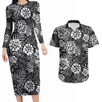 Black Aloha Hawaiian Couples Matching Long Sleeve Bodycon Dress and Hawaiian Shirt Monstera Hibiscus Tropical Pattern