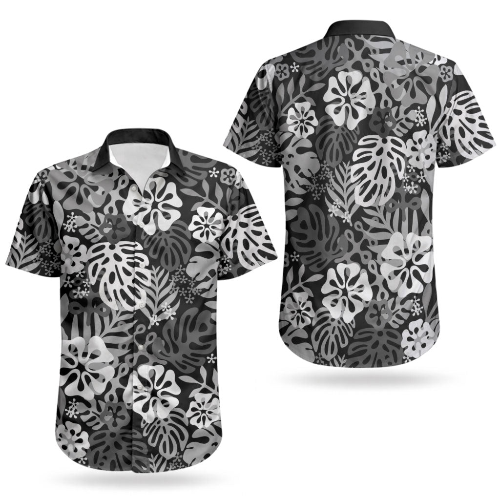 Black Aloha Hawaiian Couples Matching Long Sleeve Bodycon Dress and Hawaiian Shirt Monstera Hibiscus Tropical Pattern