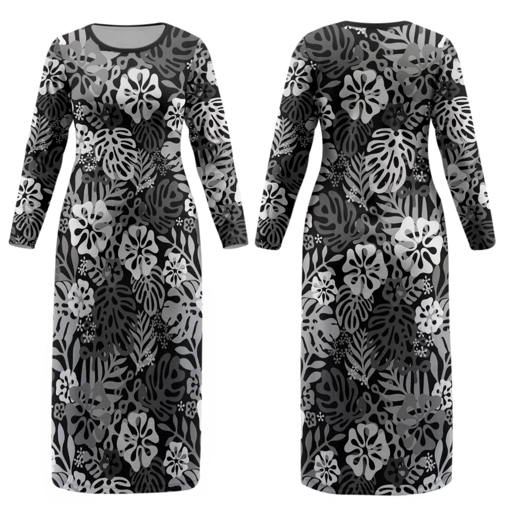 Black Aloha Hawaiian Couples Matching Long Sleeve Bodycon Dress and Hawaiian Shirt Monstera Hibiscus Tropical Pattern