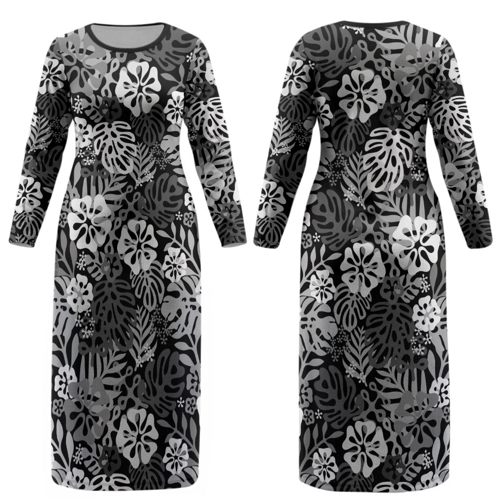 Black Aloha Hawaiian Couples Matching Long Sleeve Bodycon Dress and Long Sleeve Button Shirt Monstera Hibiscus Tropical Pattern