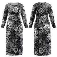 Black Aloha Hawaiian Couples Matching Long Sleeve Bodycon Dress and Long Sleeve Button Shirt Monstera Hibiscus Tropical Pattern