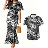Black Aloha Hawaiian Couples Matching Mermaid Dress and Hawaiian Shirt Monstera Hibiscus Tropical Pattern