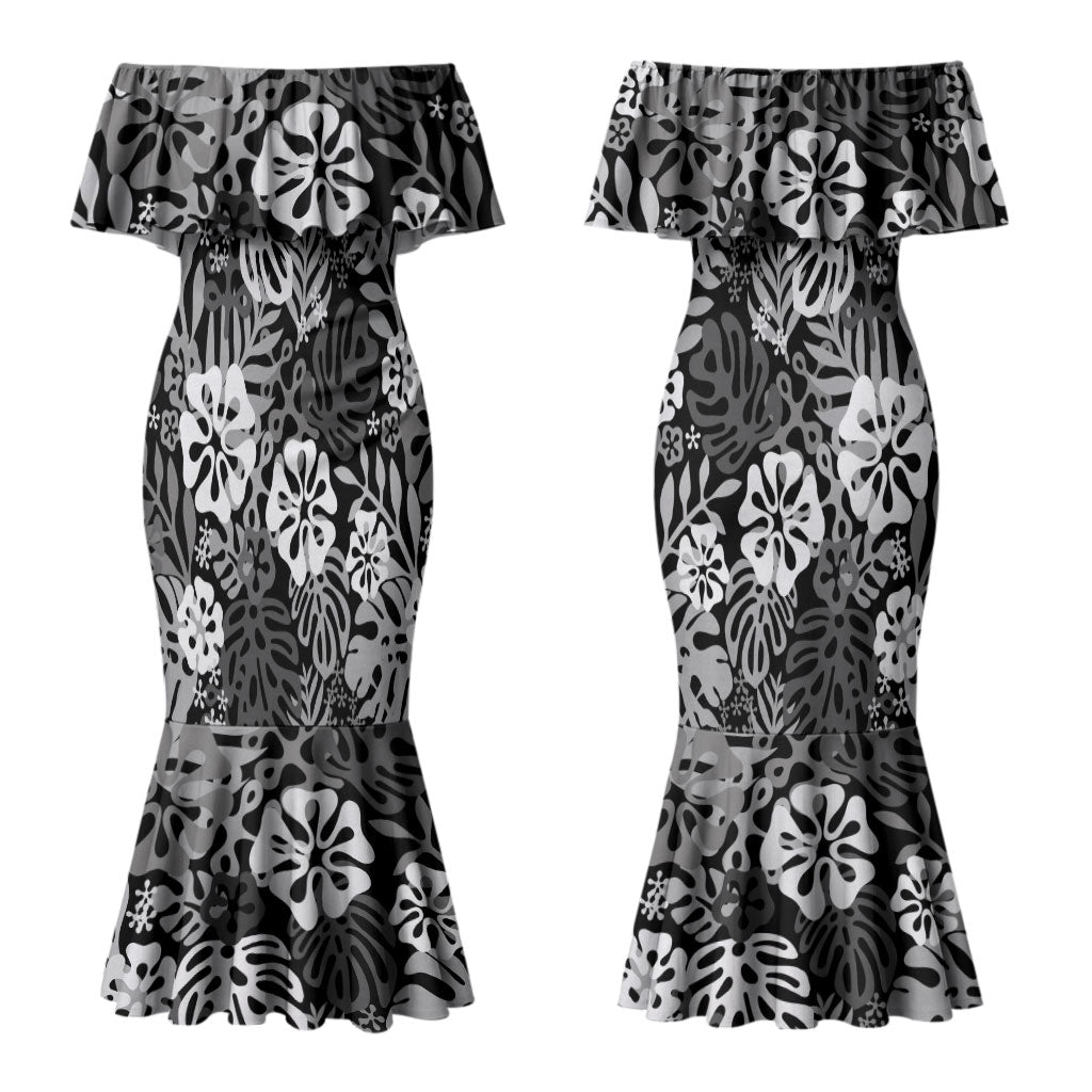 Black Aloha Hawaiian Couples Matching Mermaid Dress and Hawaiian Shirt Monstera Hibiscus Tropical Pattern