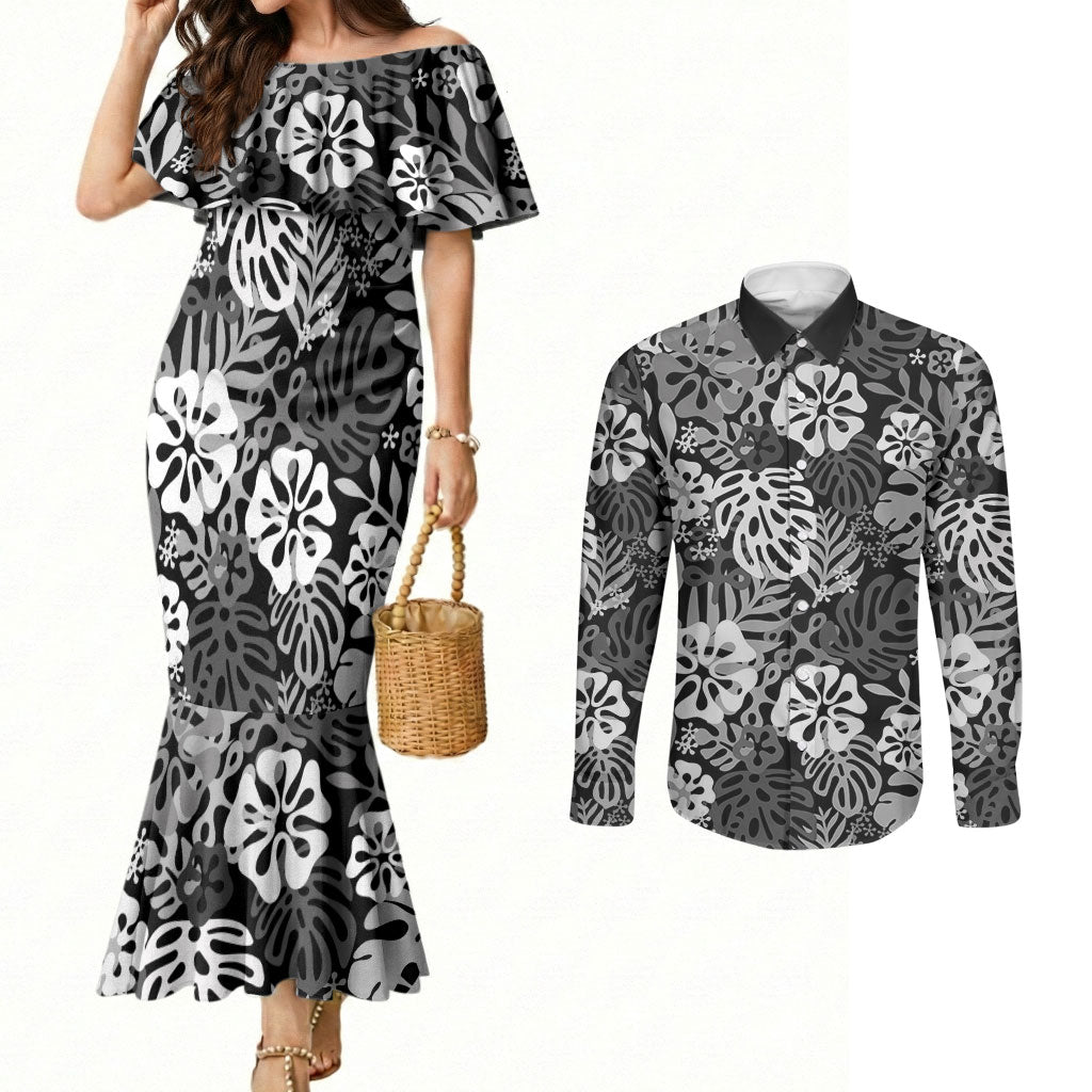 Black Aloha Hawaiian Couples Matching Mermaid Dress and Long Sleeve Button Shirt Monstera Hibiscus Tropical Pattern