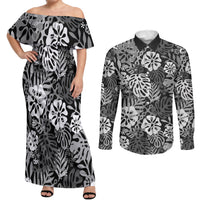 Black Aloha Hawaiian Couples Matching Off Shoulder Maxi Dress and Long Sleeve Button Shirt Monstera Hibiscus Tropical Pattern