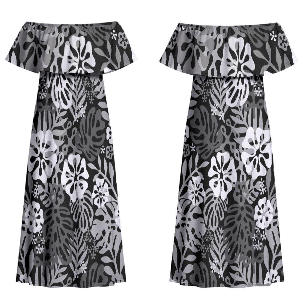 Black Aloha Hawaiian Couples Matching Off Shoulder Maxi Dress and Long Sleeve Button Shirt Monstera Hibiscus Tropical Pattern