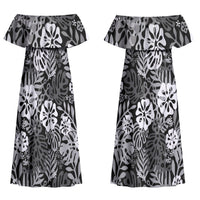Black Aloha Hawaiian Couples Matching Off Shoulder Maxi Dress and Long Sleeve Button Shirt Monstera Hibiscus Tropical Pattern