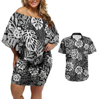 Black Aloha Hawaiian Couples Matching Off Shoulder Short Dress and Hawaiian Shirt Monstera Hibiscus Tropical Pattern