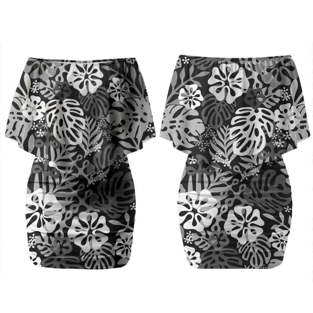 Black Aloha Hawaiian Couples Matching Off Shoulder Short Dress and Hawaiian Shirt Monstera Hibiscus Tropical Pattern