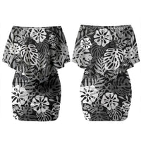 Black Aloha Hawaiian Couples Matching Off Shoulder Short Dress and Long Sleeve Button Shirt Monstera Hibiscus Tropical Pattern