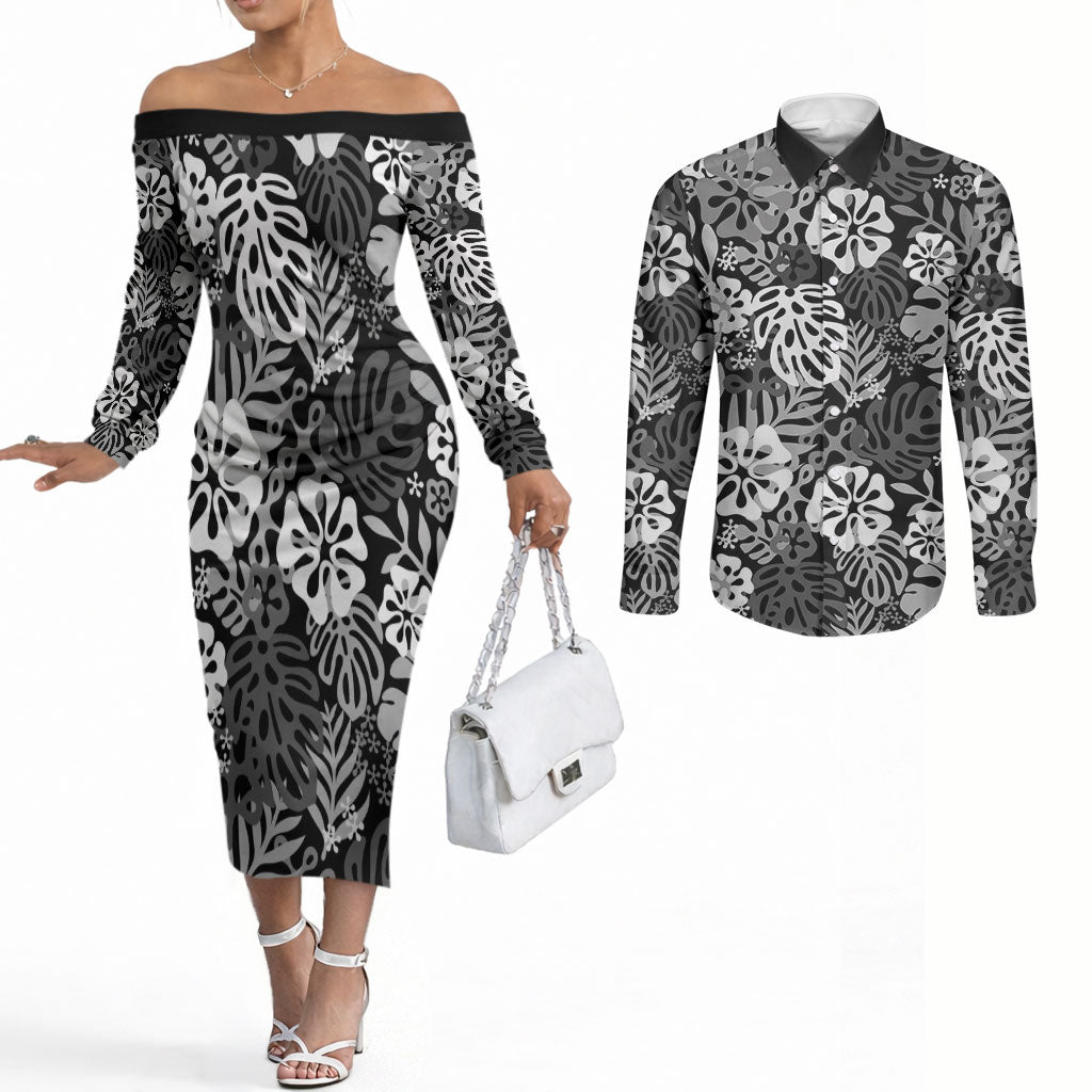 Black Aloha Hawaiian Couples Matching Off The Shoulder Long Sleeve Dress and Long Sleeve Button Shirt Monstera Hibiscus Tropical Pattern