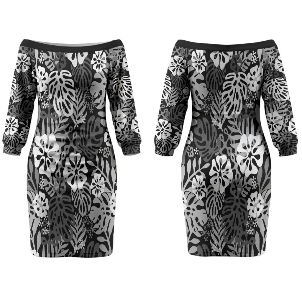 Black Aloha Hawaiian Couples Matching Off The Shoulder Long Sleeve Dress and Long Sleeve Button Shirt Monstera Hibiscus Tropical Pattern