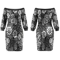 Black Aloha Hawaiian Couples Matching Off The Shoulder Long Sleeve Dress and Long Sleeve Button Shirt Monstera Hibiscus Tropical Pattern