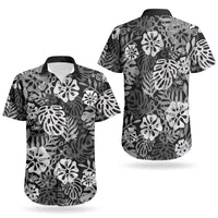 Black Aloha Hawaiian Couples Matching Puletasi and Hawaiian Shirt Monstera Hibiscus Tropical Pattern
