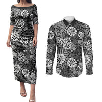 Black Aloha Hawaiian Couples Matching Puletasi and Long Sleeve Button Shirt Monstera Hibiscus Tropical Pattern