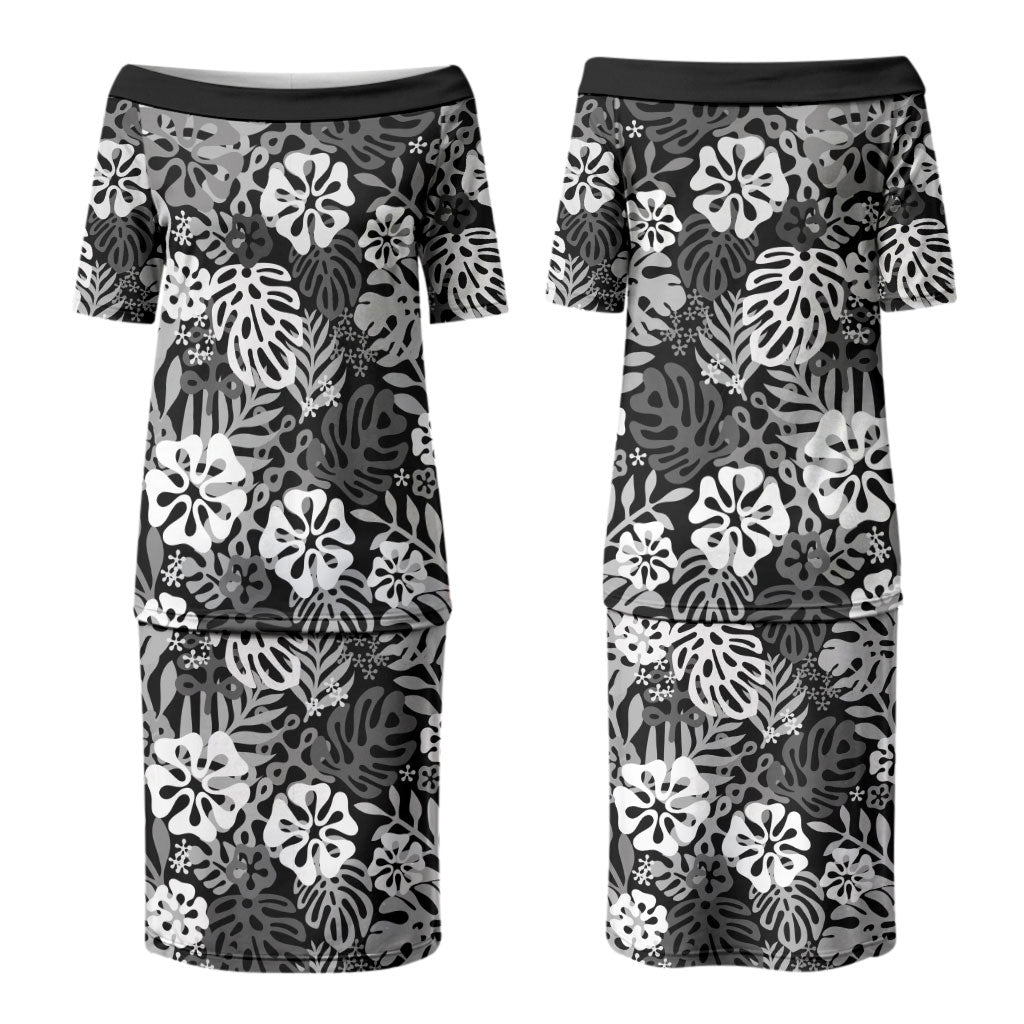 Black Aloha Hawaiian Couples Matching Puletasi and Long Sleeve Button Shirt Monstera Hibiscus Tropical Pattern