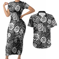 Black Aloha Hawaiian Couples Matching Short Sleeve Bodycon Dress and Hawaiian Shirt Monstera Hibiscus Tropical Pattern