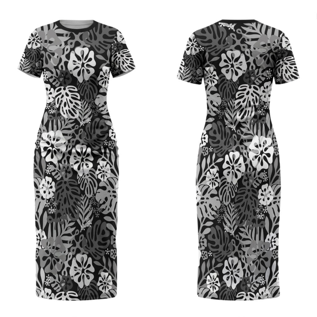 Black Aloha Hawaiian Couples Matching Short Sleeve Bodycon Dress and Hawaiian Shirt Monstera Hibiscus Tropical Pattern