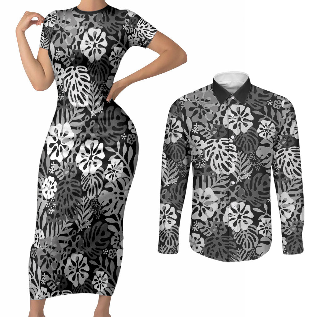 Black Aloha Hawaiian Couples Matching Short Sleeve Bodycon Dress and Long Sleeve Button Shirt Monstera Hibiscus Tropical Pattern