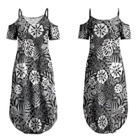 Black Aloha Hawaiian Couples Matching Summer Maxi Dress and Long Sleeve Button Shirt Monstera Hibiscus Tropical Pattern