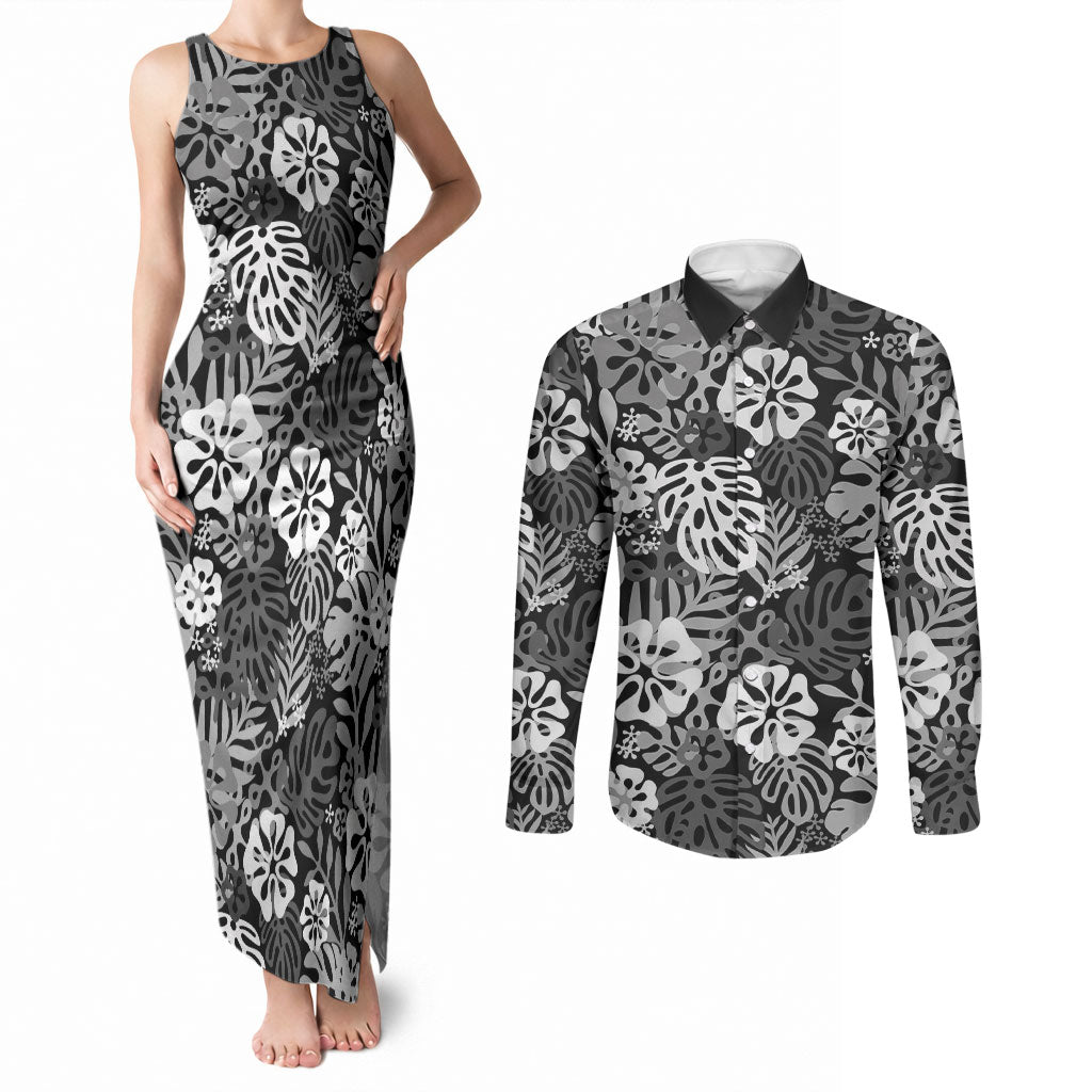 Black Aloha Hawaiian Couples Matching Tank Maxi Dress and Long Sleeve Button Shirt Monstera Hibiscus Tropical Pattern