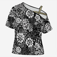 Black Aloha Hawaiian Cross Shoulder Shirt Monstera Hibiscus Tropical Pattern
