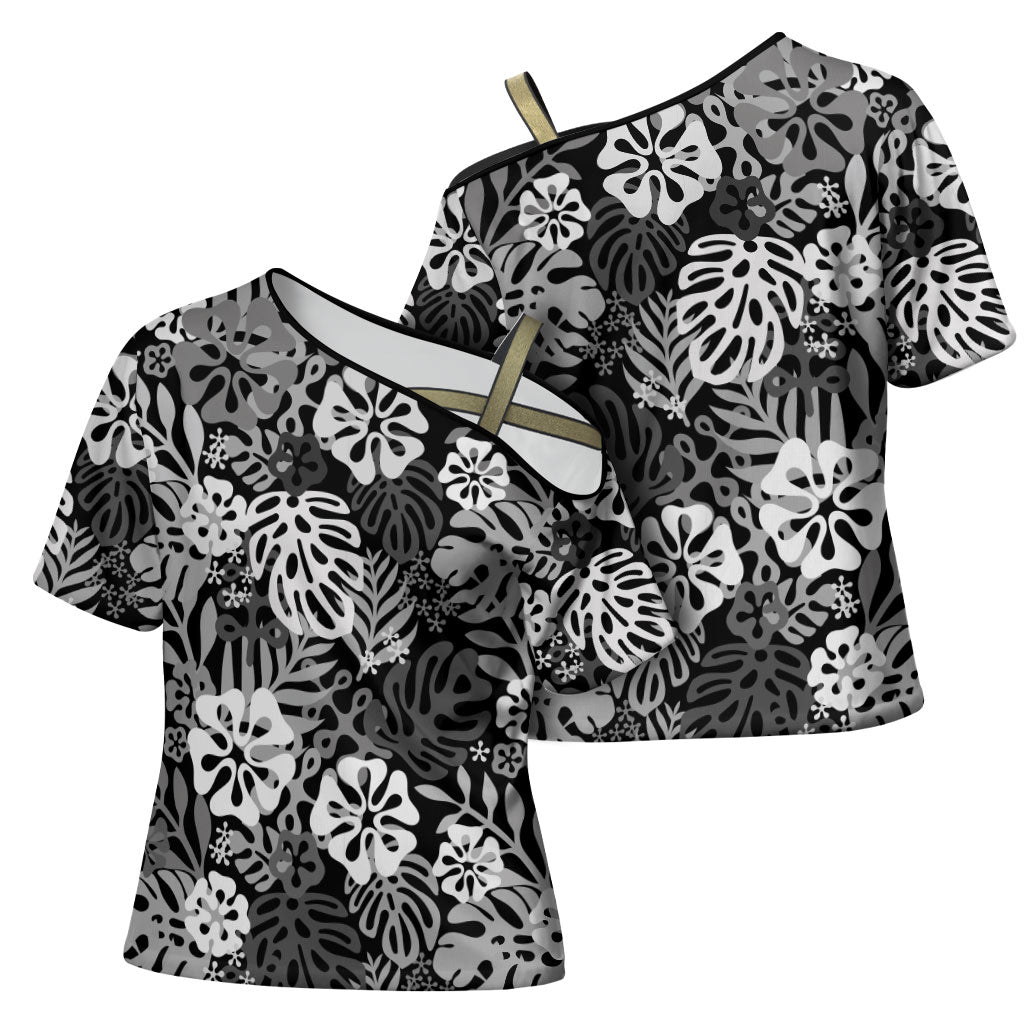 Black Aloha Hawaiian Cross Shoulder Shirt Monstera Hibiscus Tropical Pattern