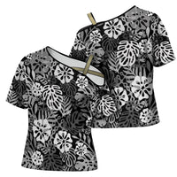 Black Aloha Hawaiian Cross Shoulder Shirt Monstera Hibiscus Tropical Pattern