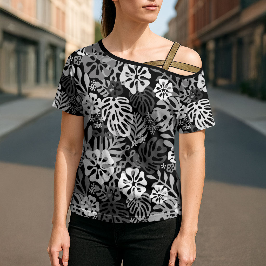 Black Aloha Hawaiian Cross Shoulder Shirt Monstera Hibiscus Tropical Pattern